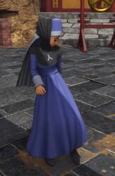 Rule 34 | 1girl, 20s, 3d, animated, animated gif, black footwear, blue dress, boots, breasts, brown eyes, building, cobblestone, dancing, dragon quest, dragon quest xi, dress, female focus, habit, jewelry, looping animation, necklace, nun, open mouth, outdoors, small breasts, solo, square enix, staring