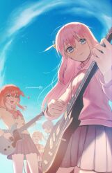 Rule 34 | 4girls, blonde hair, blue eyes, blue hair, blush, bocchi the rock!, bow, bowtie, closed eyes, cube hair ornament, day, drumsticks, electric guitar, frown, gotoh hitori, guitar, hair ornament, highres, holding, holding guitar, holding instrument, ijichi nijika, instrument, jacket, kita ikuyo, long hair, multiple girls, music, one side up, open mouth, orange hair, outdoors, pink hair, playing instrument, pleated skirt, school uniform, short hair, side ponytail, skirt, sky, smile, sua lucid, track jacket, very long hair, yamada ryo, yellow eyes