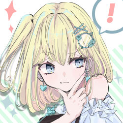 Rule 34 | !, 1girl, :3, absurdres, bare shoulders, blonde hair, blue eyes, bob cut, commentary, earrings, frills, hair ornament, hairclip, hand on own chin, heart, heart earrings, highres, hololive, hololive english, jewelry, key, key necklace, looking to the side, necklace, portrait, short hair, solo, speech bubble, star (symbol), striped, striped background, translated, tsukitoinu, virtual youtuber, watson amelia