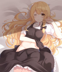Rule 34 | 1girl, ;(, absurdres, bed sheet, black bow, black skirt, black vest, blonde hair, bow, braid, brown eyes, closed mouth, frilled skirt, frills, from above, frown, groin, hair bow, highres, kirisame marisa, korean commentary, lifting own clothes, long hair, looking at viewer, lying, navel, no pants, on back, on bed, open clothes, open skirt, puffy short sleeves, puffy sleeves, shirt, short sleeves, side braid, skirt, solo, sunlight, touhou, very long hair, vest, vest lift, white shirt, ziro (zirorong)