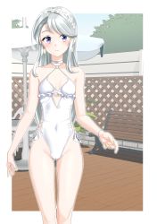 Rule 34 | 1girl, absurdres, asymmetrical bangs, bench, blue sky, breasts, cameltoe, casual one-piece swimsuit, covered navel, cowboy shot, day, flower, frilled one-piece swimsuit, frilled swimsuit, frills, grey hair, hair flower, hair ornament, hairband, highleg, highleg swimsuit, highres, kantai collection, long hair, official alternate costume, one-piece swimsuit, outdoors, park bench, purple eyes, sagiri (kancolle), side-tie swimsuit, sky, small breasts, solo, standing, swept bangs, swimsuit, takafumi, white one-piece swimsuit