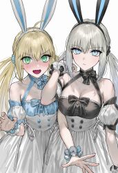Rule 34 | 2girls, ahoge, animal ears, artoria caster (fate), artoria caster (swimsuit) (fate), artoria caster (swimsuit) (fate) (cosplay), artoria caster (swimsuit) (second ascension) (fate), artoria pendragon (fate), bare shoulders, black dress, blonde hair, blue dress, blue eyes, blush, breasts, cleavage, cosplay, dress, fake animal ears, fate/grand order, fate (series), green eyes, grey hair, hairband, highres, long hair, looking at viewer, medium breasts, morgan le fay (fate), multiple girls, nipi27, open mouth, puffy short sleeves, puffy sleeves, rabbit ears, short sleeves, skirt, small breasts, twintails, very long hair, white skirt