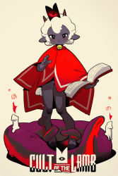 Rule 34 | 1girl, absurdres, bell, black skin, blush, book, candle, colored skin, copyright name, crown, cult of the lamb, ejami, full body, furry, furry female, goat horns, highres, horns, looking at viewer, neck bell, open book, red crown (cult of the lamb), red eyes, red robe, robe, smile, solo, standing, tentacles, the lamb (cult of the lamb)