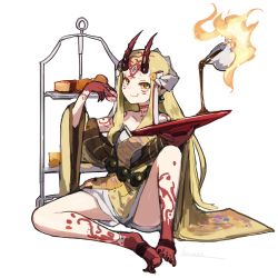 Rule 34 | 1girl, artist name, barefoot, blonde hair, cake, cup, eating, facial mark, fate/grand order, fate (series), feet, feet together, food, forehead mark, hair ornament, holding, holding food, horns, ibaraki douji (fate), japanese clothes, kimono, knees apart feet together, lansane, long hair, long sleeves, looking at viewer, off shoulder, oni horns, open clothes, open kimono, pouring, sakazuki, sidelocks, sitting, smile, solo, spirit, spread legs, talons, very long hair, white background, wide sleeves, yellow eyes, yellow kimono