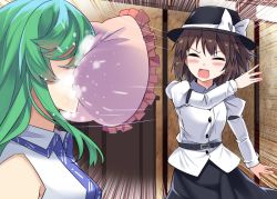 Rule 34 | 2girls, bare shoulders, belt, black belt, black hat, black skirt, blush, bow, breasts, brown hair, closed eyes, commentary request, cowboy shot, e.o., emphasis lines, facing another, fedora, frilled pillow, frills, green hair, hat, hat bow, in the face, indoors, juliet sleeves, kochiya sanae, large breasts, long hair, long sleeves, multiple girls, open mouth, pillow, portrait, profile, puffy sleeves, shirt, short hair, sidelocks, skirt, standing, throwing, touhou, usami renko, v-shaped eyebrows, white bow, white shirt, wing collar