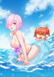 Rule 34 | 2girls, :d, ahoge, alternate costume, arched back, bikini, blue sky, blush, breasts, brown hair, cherry blossoms, chibi, cloud, cloudy sky, collarbone, day, empty eyes, fate/grand order, fate (series), floral print, front-tie bikini top, front-tie top, fujimaru ritsuka (female), hair over one eye, halterneck, holding, holding pencil, innertube, large breasts, mash kyrielight, multiple girls, navel, ocean, open mouth, outdoors, pencil, popping, purple bikini, purple eyes, purple hair, riyo (lyomsnpmp) (style), short hair, side ponytail, sky, smile, sparkle, swim ring, swimsuit, thighs, wet, xion32, yellow eyes