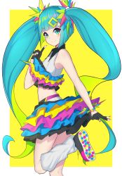 Rule 34 | 1girl, absurdres, aqua eyes, aqua hair, bare shoulders, bib (bibboss39), blunt bangs, blush, catch the wave (vocaloid), commentary, cowboy shot, crop top, english commentary, frilled shirt, frilled skirt, frills, from side, gloves, hair ornament, half gloves, hand up, hatsune miku, heart, highres, index finger raised, layered skirt, leg up, leg warmers, light blush, long hair, looking at viewer, midriff, nail polish, partially fingerless gloves, pink nails, shirt, skirt, smile, solo, stomach, twintails, very long hair, vocaloid, wrist cuffs, yellow background