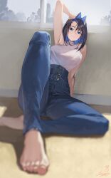 Rule 34 | 1girl, arm up, barefoot, blue eyes, blue hair, blue pants, breasts, denim, hair intakes, high-waist pants, highres, hololive, hololive english, indoors, jeans, large breasts, looking at viewer, m.q (mqkyrie), medium hair, ouro kronii, ouro kronii (casual), pants, shirt, short hair, sitting, sleeveless, sleeveless shirt, solo, virtual youtuber, white shirt
