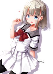 Rule 34 | 1girl, :d, black pantyhose, blue eyes, blush, bow, brown hair, character request, collarbone, drop shadow, ginrin voice, hair ornament, hairclip, hand up, heart, highres, looking at viewer, mokufuu, open mouth, pantyhose, pleated skirt, red bow, shirt, simple background, skirt, smile, solo, twitter username, white background, white shirt, white skirt, x hair ornament