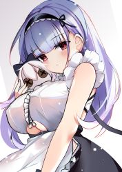 Rule 34 | 1girl, apron, azur lane, bare shoulders, black hairband, blush, breasts, clothing cutout, dido (azur lane), doll, earrings, frills, hairband, holding, holding doll, jewelry, large breasts, long hair, looking at viewer, purple hair, red eyes, ry thae, sleeveless, solo, underboob, underboob cutout, waist apron, white apron
