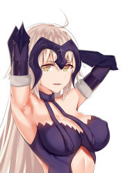 Rule 34 | 1girl, absurdres, armpits, arms up, blonde hair, blush, breasts, cleavage, derivative work, fang, fate/grand order, fate (series), headpiece, highres, jeanne d&#039;arc (fate), jeanne d&#039;arc alter (avenger) (fate), jeanne d&#039;arc alter (avenger) (third ascension) (fate), jeanne d&#039;arc alter (fate), large breasts, long hair, looking at viewer, parted lips, solo, tongue, tucao xiansen, upper body, yellow eyes