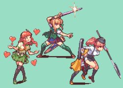 Rule 34 | 3girls, atlanta (kancolle), belt, black socks, blonde hair, breasts, brown hair, closed mouth, de ruyter (kancolle), excalibur (fate/stay night), excalibur (mythology), full body, garrison cap, glaive (polearm), green background, green legwear, green vest, hat, headgear, heart, holding, holding polearm, holding spear, holding sword, holding weapon, kantai collection, kneehighs, long hair, long sleeves, lowres, miniskirt, multiple girls, oh bako, one eye closed, open mouth, perth (kancolle), pixel art, plaid, plaid skirt, pleated skirt, polearm, red hair, sailor collar, sheath, shirt, short sleeves, simple background, skirt, socks, sparkle, spear, sword, thighhighs, twintails, vest, weapon, zettai ryouiki