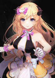 Rule 34 | 1girl, absurdres, animal ears, bare arms, black background, blonde hair, blush, bow, bowtie, breasts, closed mouth, gloves, hair bow, hair ornament, hairclip, highres, hololive, horns, large breasts, long hair, mochiyuki (gigfor1), navel, pink bow, pink bowtie, purple eyes, sheep ears, sheep hair ornament, sheep horns, shirt, skirt, sleeveless, sleeveless shirt, smile, solo, tsunomaki watame, very long hair, virtual youtuber, white gloves, white skirt