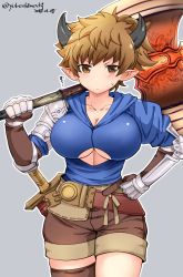 Rule 34 | 1girl, akari seisuke, axe, blue background, breasts, brown eyes, brown hair, cleavage, dated, draph, fighter (granblue fantasy), genderswap, genderswap (mtf), gran (granblue fantasy), granblue fantasy, hand on own hip, highres, holding, holding axe, holding weapon, horns, large breasts, looking at viewer, pointy ears, ponytail, shorts, simple background, solo, sword, thighs, twitter username, underboob, weapon