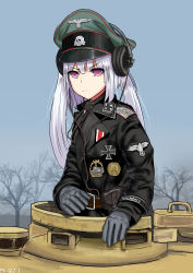 Rule 34 | 1girl, absurdres, bare tree, bird, commentary request, cross, eagle, german commentary, german text, girls&#039; frontline, gloves, hat, highres, iron cross, jacket, medal, mg42 (girls&#039; frontline), military, military jacket, military uniform, military vehicle, motor vehicle, panther (tank), panther (tank), peaked cap, pk-971, purple eyes, reichsadler, silver hair, skull and crossbones, solo, tank, tree, uniform, wehrmacht, world war ii