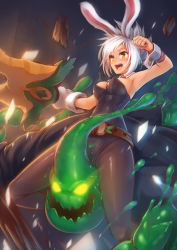 Rule 34 | 1girl, animal ears, battle bunny riven, belt, breasts, broken, cleavage, fake animal ears, folded ponytail, gloves, highres, league of legends, leotard, open mouth, pantyhose, playboy bunny, rabbit ears, ricegnat, riven (league of legends), sharp teeth, short hair, single glove, slime (substance), smile, sword, tail, teeth, weapon, white hair, wrist cuffs, yellow eyes, zac (league of legends)