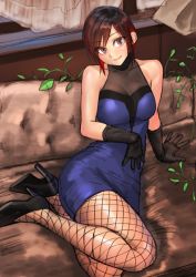 Rule 34 | 1girl, bare shoulders, black footwear, black gloves, black hair, blue dress, breasts, closed mouth, collarbone, curtains, dress, elbow gloves, eyes visible through hair, fishnet pantyhose, fishnets, gloves, hand on own stomach, high heels, highres, kilye kairi, lips, looking at viewer, medium breasts, multicolored hair, original, pantyhose, pink eyes, pink lips, plant, red hair, shoes, short dress, short hair, smile, solo, swept bangs, two-tone hair, window