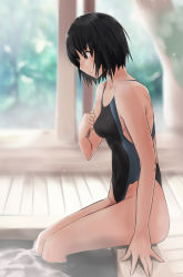 Rule 34 | 1girl, amagami, arm at side, black eyes, black hair, black one-piece swimsuit, blurry, blurry background, bob cut, breasts, closed mouth, commentary request, competition swimsuit, cowboy shot, depth of field, from side, hand up, highleg, highleg swimsuit, highres, indoors, looking down, nanasaki ai, one-piece swimsuit, onsen, profile, revision, short hair, sitting, sliding doors, small breasts, smile, soaking feet, solo, swimsuit, towel, water, yoo tenchi