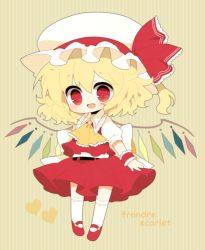 Rule 34 | 1girl, ascot, bad id, bad pixiv id, blonde hair, chibi, fang, female focus, flandre scarlet, haru (kyou), hat, hat ribbon, heart, looking at viewer, open mouth, red eyes, ribbon, shirt, short sleeves, side ponytail, skirt, skirt set, smile, solo, striped, striped background, touhou, vest, wings, wrist ribbon