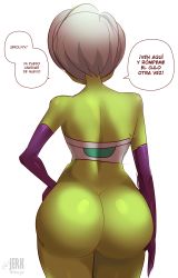 Rule 34 | 1girl, absurdres, artist name, ass, back, bottomless, cheelai, colored skin, dragon ball, dragon ball super, dragon ball super broly, elbow gloves, from behind, gloves, green skin, hand on own hip, highres, huge ass, jerkdibuja, solo, spanish text, speech bubble, thick thighs, thighs, white background, white hair, wide hips