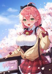 Rule 34 | 1girl, :d, ahoge, artist name, bell, bow, bowtie, breasts, cherry blossoms, green eyes, hair between eyes, hair ornament, highres, hololive, kura noi, looking at viewer, neck bell, open mouth, outdoors, petals, pink hair, plaid, plaid skirt, railing, red bow, red skirt, sakura miko, sakura miko (casual), skirt, smile, solo, virtual youtuber, wooden railing