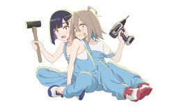 Rule 34 | 2girls, ahoge, bandaid, bandaid on cheek, bandaid on face, bandaid on nose, black hair, blue overalls, bob cut, closed mouth, colored inner hair, commentary, do it yourself!!, grey hair, hair between eyes, hammer, highres, holding, holding hammer, holding power drill, indian style, leaning on person, midiman, multicolored hair, multiple girls, open mouth, overalls, power drill, purple hair, red eyes, shirt, shoes, short hair, short sleeves, simple background, sitting, smile, sneakers, strap slip, strapless, strapless shirt, suride miku, t-shirt, white background, white footwear, white shirt, yua serufu