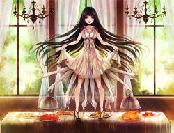 Rule 34 | 1girl, :d, bare legs, black footwear, black hair, blue eyes, blunt bangs, bow, breasts, cake, chandelier, chicken (food), clona, clothes lift, commentary request, curtains, dress, dress lift, extra arms, floating hair, food, fork, fried chicken, full body, high heels, hime cut, holding, holding fork, holding knife, holding spoon, indoors, knife, lobster, long hair, looking at viewer, no socks, on table, open mouth, original, pale skin, plate, pointing, pumps, serving dome, shoes, sleeveless, sleeveless dress, smile, solo, spoon, standing, table, tablecloth, very long hair, white dress, window