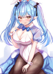 Rule 34 | 1girl, animal ears, black ribbon, blue bow, blue bowtie, blue coat, blue hair, blush, bow, bowtie, breasts, brown pantyhose, cleavage, coat, unworn coat, commentary request, elf, fake animal ears, hair ribbon, hairband, hand on own chest, hand on own thigh, highres, hololive, large breasts, leotard, long hair, looking at viewer, pantyhose, parted lips, playboy bunny, pointy ears, rabbit ears, ribbon, shrug (clothing), smile, solo, strapless, strapless leotard, twintails, virtual youtuber, white hairband, white leotard, wrist cuffs, yellow eyes, yuano, yukihana lamy