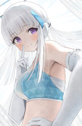 Rule 34 | 1girl, absurdres, blue archive, elbow gloves, gloves, hidulume, highres, long hair, looking at viewer, noa (blue archive), purple eyes, simple background, solo, white gloves, white hair