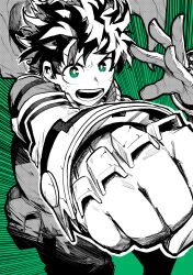 Rule 34 | 1boy, absurdres, belt, bodysuit, boku no hero academia, clenched hand, cowboy shot, eyebrows hidden by hair, facing viewer, freckles, gloves, green background, green eyes, greyscale, greyscale with colored background, highres, mask, unworn mask, midoriya izuku, monochrome, open hand, open mouth, pouch, shawl, short hair, simple background, solo, yotsumi shiro