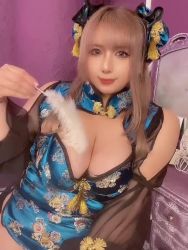 Rule 34 | 1girl, animated, asian, grabbing another&#039;s breast, breasts, brown hair, china dress, chinese clothes, chouzuki maryou, cleavage, dress, grabbing, grabbing own breast, large breasts, lipstick, makeup, photo (medium), plump, real life, solo, teasing, video