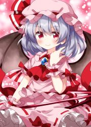 Rule 34 | 1girl, ascot, bat wings, blue hair, blush, closed mouth, dress, frilled dress, frills, hair between eyes, hat, highres, mob cap, pink dress, pink hat, polearm, puffy short sleeves, puffy sleeves, red ascot, red eyes, remilia scarlet, ruu (tksymkw), short hair, short sleeves, smile, solo, spear, spear the gungnir, touhou, weapon, wings, wrist cuffs