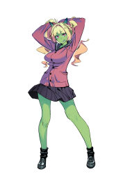 Rule 34 | 1girl, :q, absurdres, blonde hair, breasts, cardigan, colored skin, commentary, contrapposto, green skin, highres, horns, large breasts, long hair, looking at viewer, oni, original, pleated skirt, red eyes, school uniform, skirt, smile, solo, standing, tongue, tongue out, twinpoo, twintails