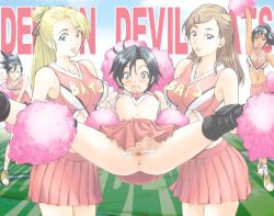 Rule 34 | 00s, 5girls, anus, ass, assisted exposure, black hair, blonde hair, blue eyes, blush, breasts, brown hair, cheerleader, cleavage, clothes lift, dilation tape, exhibitionism, eyeshield 21, green eyes, hair ornament, hair ribbon, hairclip, held up, knee pads, kon-kit, long hair, multiple girls, nipples, no panties, open mouth, pom pom (cheerleading), ponytail, public indecency, purple eyes, pussy, ribbon, shirt lift, short hair, skirt, skirt lift, small breasts, smile, spread legs, spread pussy, sweat, taki suzuna, tape, third-party edit, uncensored, upskirt