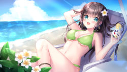 Rule 34 | 1girl, :d, arm behind head, arm up, bikini, black hair, blue sky, blurry, blurry foreground, blush, breasts, chair, cleavage, cloud, commentary request, cup, day, depth of field, drink, earrings, flower, green bikini, green eyes, hair flower, hair ornament, hand up, highres, holding, holding cup, horizon, jewelry, kohinata hoshimi, long hair, looking at viewer, lounge chair, medium breasts, o-ring, o-ring bikini, o-ring top, ocean, on chair, open mouth, original, outdoors, sky, smile, solo, swimsuit, very long hair, water, white flower
