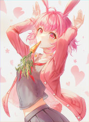 Rule 34 | 1girl, absurdres, animal ears, arms up, cardigan, carrot, food in mouth, grey shirt, grey skirt, heart, heart background, highres, long sleeves, looking at viewer, mirage (rairudiseu), mouth hold, neckerchief, ootori emu, open cardigan, open clothes, pink cardigan, pink eyes, pink hair, pleated skirt, project sekai, rabbit ears, rabbit girl, rabbit pose, rabbit tail, red neckerchief, resolution mismatch, sailor collar, school uniform, serafuku, shirt, short hair, skirt, solo, source smaller, tail, white sailor collar