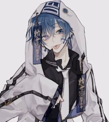 Rule 34 | 1boy, black shirt, blue eyes, blue hair, chain, clothes writing, collared shirt, commentary request, ear piercing, gauze, gauze on cheek, grey eyes, hair between eyes, heterochromia, hood, hood up, hooded jacket, jacket, long sleeves, looking at viewer, male focus, myuhuaki, necktie, open collar, original, piercing, shirt, short hair, simple background, sleeves past wrists, solo, tongue, tongue out, unzipped, upper body, white background, white jacket, white necktie