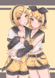Rule 34 | 1boy, 1girl, alternate color, alternate hairstyle, androgynous, arm warmers, black sailor collar, blonde hair, brother and sister, commentary request, cowboy shot, cropped shoulders, hair ornament, hairclip, headphones, headset, highres, hug, kagamine len, kagamine len (if), kagamine rin, kagamine rin (if), looking at viewer, neckerchief, necktie, possessive, prototype design, sailor collar, shirt, short hair, short sleeves, shorts, siblings, straight hair, swept bangs, symmetry, twins, vocaloid, white shirt, yellow eyes, yellow nails, yellow neckerchief, yellow necktie, yellow shorts, zumin0627