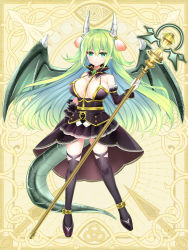 Rule 34 | 1girl, bare shoulders, black dress, black footwear, black sleeves, black thighhighs, breasts, closed mouth, copyright request, detached sleeves, dragon girl, dragon horns, dragon tail, dragon wings, dress, full body, gloves, green eyes, green hair, green wings, hair between eyes, holding, holding staff, horns, large breasts, long hair, long sleeves, looking at viewer, shikito (yawa0w0), shoes, solo, staff, standing, tail, thighhighs, very long hair, white gloves, wings