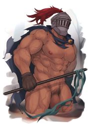 Rule 34 | 1boy, abs, absurdres, bara, cape, censored, character request, cloak, convenient censoring, copyright request, cropped legs, crow (siranui), dark-skinned male, dark skin, flaccid, helmet, highres, holding, holding polearm, holding weapon, large pectorals, male focus, male pubic hair, mosaic censoring, muscular, muscular male, naked cape, navel, navel hair, nipples, nude, pectorals, penis, polearm, pubic hair, solo, stomach, textless version, thick thighs, thighs, torn cloak, torn clothes, veins, weapon