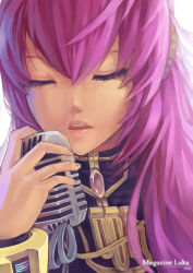 Rule 34 | 1girl, artist name, character name, closed eyes, holding, long hair, madyy, megurine luka, microphone, pink hair, solo, vocaloid
