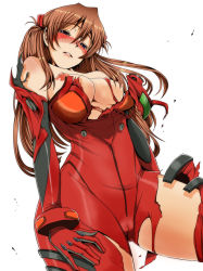 Rule 34 | 1girl, ass, bad id, bad pixiv id, blush, bodysuit, breasts, breasts out, cameltoe, curvy, embarrassed, hair ornament, inu (marukome), large breasts, lips, long hair, narrow waist, neon genesis evangelion, nipples, orange hair, plugsuit, red bodysuit, shiny clothes, shiny skin, simple background, solo, souryuu asuka langley, torn clothes, very long hair, wide hips