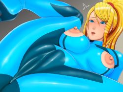 Rule 34 | 1girl, abomayo, blonde hair, blue eyes, bodysuit, breasts, cameltoe, covered erect nipples, large breasts, legs up, long hair, metroid, mole, mole under mouth, nintendo, nipple cutout, nippleless clothes, nipples, open mouth, parted lips, ponytail, pussy, samus aran, skin tight, solo, spread legs, tagme, zero suit