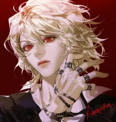 Rule 34 | 1boy, black jacket, blonde hair, character name, collared shirt, commentary request, eyelashes, hair between eyes, hand up, highres, hunter x hunter, jacket, jewelry, korean commentary, kurapika, lips, looking at viewer, male focus, multiple rings, parted lips, realistic, red background, red eyes, ring, shirt, short hair, solo, suit jacket, vlfdus 0, white shirt