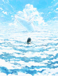Rule 34 | 1girl, black hair, blue theme, cloud, cloudy sky, day, flying whale, monaka (siromona), original, outdoors, size difference, sky, solo, surreal, swimsuit, whale, white theme