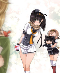 Rule 34 | 10s, 4girls, :&gt;, ^ ^, ahoge, akizuki (kancolle), animal, animal on shoulder, arms behind back, between breasts, black gloves, black hair, black skirt, blue eyes, blurry, blush, boots, box, braid, breasts, brown hair, carrying, chibi, closed eyes, closed mouth, clothes writing, corset, crab, depth of field, gift, gift box, gloves, hair ornament, hairband, hatsuzuki (kancolle), headgear, heart, holding, holding gift, jitome, kantai collection, kneehighs, leaning forward, legs together, light brown hair, long hair, long sleeves, medium breasts, miniskirt, multiple girls, neckerchief, no mouth, oboro (kancolle), open hands, out of frame, outstretched arms, pantyhose, plaid, plaid scarf, pleated skirt, pointy hair, ponytail, propeller hair ornament, red footwear, red ribbon, ribbon, scarf, school uniform, serafuku, short sleeves, skirt, smile, socks, standing, sumeragi hamao, sweatdrop, swept bangs, teruzuki (kancolle), thighhighs, twin braids, valentine, white legwear, white skirt