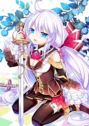 Rule 34 | 1girl, black skirt, black thighhighs, blue eyes, breasts, cleavage, hair ornament, holding, holding sword, holding weapon, kneeling, long hair, nyori, open mouth, original, pleated skirt, silver hair, skirt, solo, sword, thighhighs, twintails, weapon