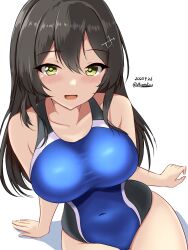 Rule 34 | 1girl, black hair, black one-piece swimsuit, blue one-piece swimsuit, blush, breasts, collarbone, competition swimsuit, covered navel, cowboy shot, dated, hair between eyes, hair ornament, hairclip, highleg, highleg swimsuit, highres, impossible clothes, impossible swimsuit, kantai collection, large breasts, long hair, looking at viewer, montemasa, one-piece swimsuit, open mouth, oyashio (kancolle), simple background, sitting, smile, solo, swimsuit, twitter username, two-tone swimsuit, white background
