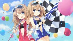 Rule 34 | 10s, 2girls, :o, ;d, alternate costume, balloon, bare shoulders, blue eyes, blush, brown hair, checkered flag, cloud, collarbone, confetti, day, detached collar, eyewear on head, flag, flat chest, game cg, glasses, goggles, highres, holding, holding umbrella, index finger raised, long hair, looking at viewer, multiple girls, navel, neptune (series), official art, one eye closed, open mouth, outdoors, race queen, ram (neptunia), rom (neptunia), shin jigen game neptune vii, short hair, siblings, sisters, sky, smile, star (symbol), sunglasses, tsunako, twins, umbrella, wrist cuffs, zipper