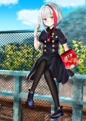 Rule 34 | 1girl, admiral graf spee (azur lane), admiral graf spee (girl&#039;s sunday) (azur lane), admiral graf spee (girl&#039;s sunday) (azur lane), azur lane, black dress, black pantyhose, blue eyes, blue footwear, breasts, bugles, bugles (food), bugles on fingers, bush, chain-link fence, cloud, dress, fence, food on hand, highres, looking at viewer, medium breasts, mitsu336, mountain, multicolored hair, necktie, pantyhose, railing, red hair, red necktie, short hair, short sleeves, sidelocks, silver hair, sitting, sky, solo, streaked hair